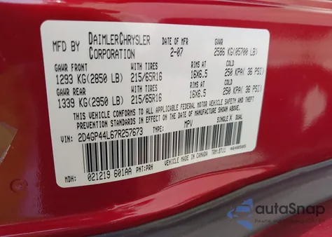 2007 Dodge Grand Caravan Sxt from USA, damaged, VIN 2D4GP44L67R257673